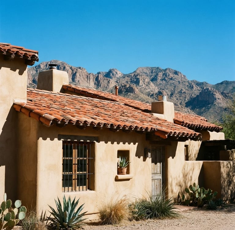 Warm architectural photography, bright desert sunlight, high-contrast terracotta tile roofline, sharp details, clear blue desert sky, mountains in background, 35mm