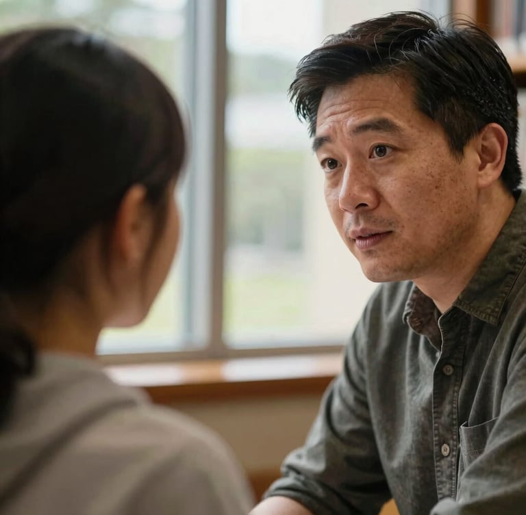 Candid close-up of a mentor listening intently to a student, warm natural window light, soft depth of field, authentic interaction in a library setting, Pacific Northwest.