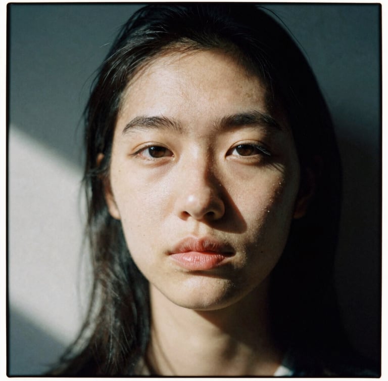 Moody 35mm film portrait of a subject in harsh sunlight, deep geometric shadows cutting across the face, raw grain, desaturated tones.