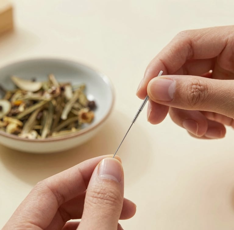 Macro close-up of hands preparing sterile acupuncture needles next to a small ceramic dish with dried herbs, soft diffused natural daylight, warm sage tones, shallow depth of field