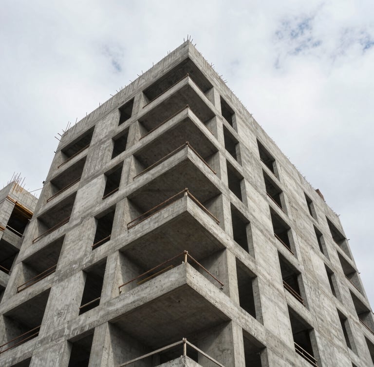 Low-angle heroic shot of a raw concrete mid-rise building under construction, stark geometric shadows, overcast daylight emphasizing texture