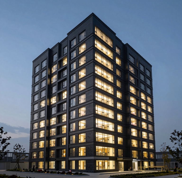 Wide-angle exterior shot of a completed mid-rise building at dusk, deep charcoal surfaces contrasting with illuminated interior grids, high-contrast industrial lighting.