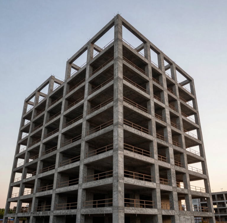 Wide-angle exterior shot of a completed mid-rise building at dusk, raw concrete and steel framing visible, overcast daylight emphasizing form and texture.
