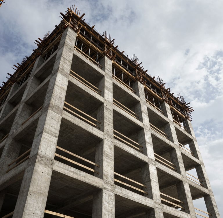 Low-angle heroic shot of an active mid-rise construction site, exposed concrete pillars and structural steel framing against a high-contrast overcast sky, strong geometric shadows.