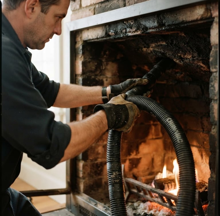 Technician using a specialized vacuum system to clean a chimney flue, close-up on the technician's hands and the vacuum hose, warm ambient indoor lighting, sharp focus, rich charcoal and amber tones.