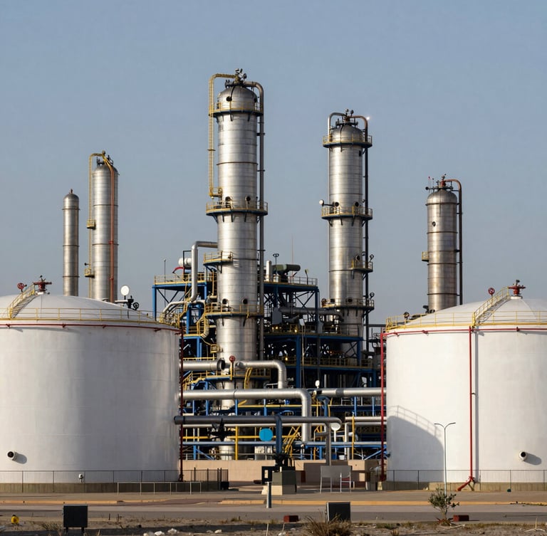 Wide-angle environmental shot of a massive modern petrochemical plant in Turkmenistan under cold, crisp daylight, high-contrast steel pipelines and storage tanks.