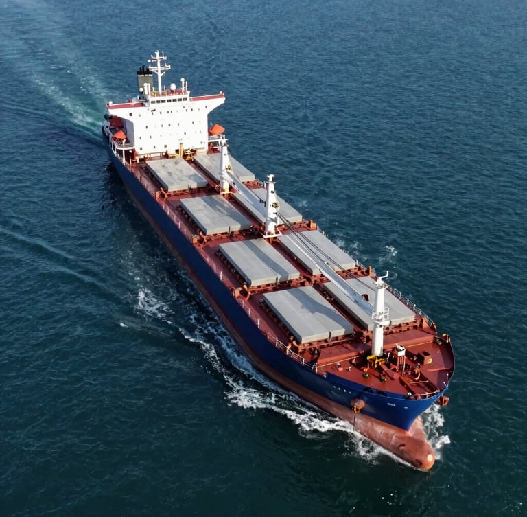 Aerial drone shot of a massive bulk cargo ship navigating through deep blue sea waters, carrying industrial cargo, crisp daylight.
