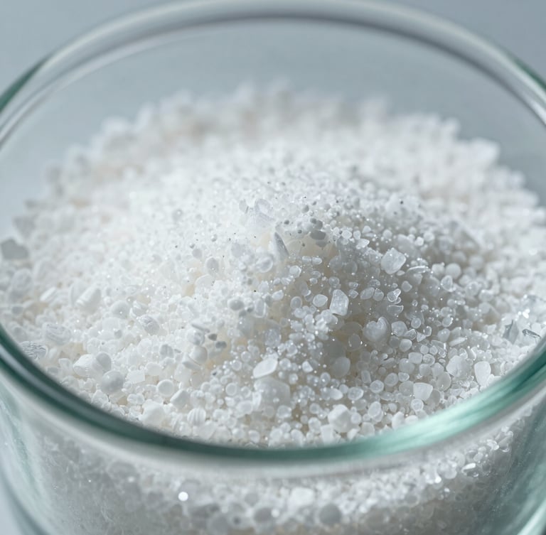 Extreme close-up macro shot of high-purity white Urea fertilizer prills inside a clean laboratory glass container, cold sterile lighting with subtle teal undertones, sharp focus on crystalline texture.