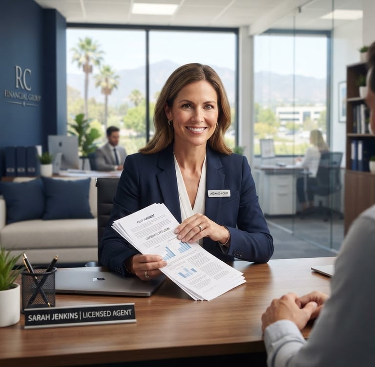 A bright, clean professional office setting in Rancho Cucamonga, a licensed agent holding clear legal documents with a reassuring hand gesture, warm natural lighting, corporate navy accents
