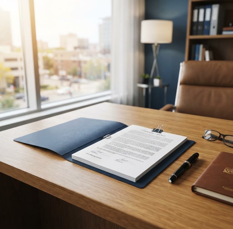 Professional office setting with a clean wooden desk, a legal document folder, and warm sunlight streaming through the window, shallow depth of field, 35mm