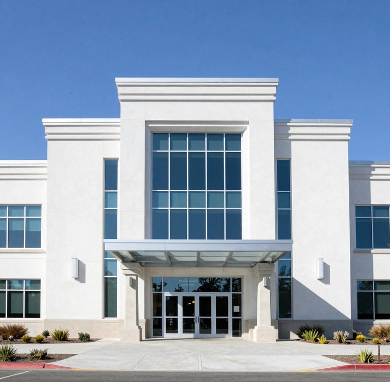Exterior of the clean, modern Rancho Cucamonga Courthouse under bright daylight, professional architectural photography.