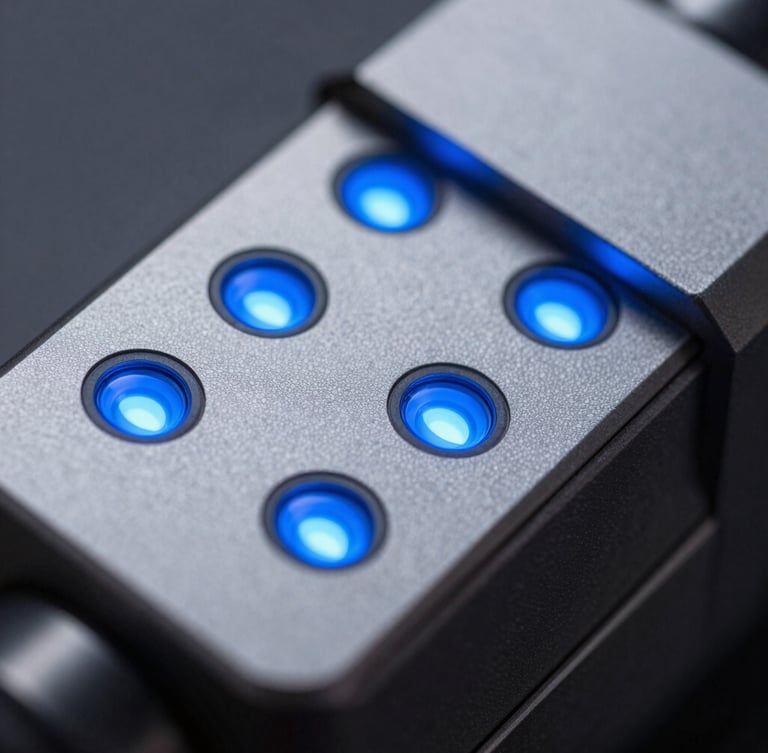 Macro shot of physical-digital interface with sharp focus on crisp glowing blue LED indicators, cool-toned studio lighting, minimalist industrial design