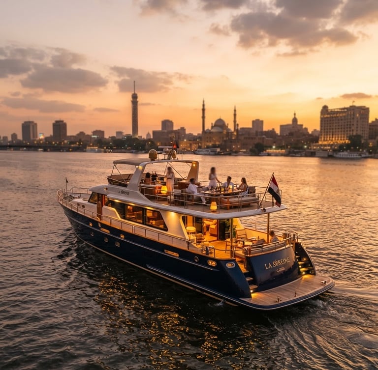 Cinematic wide-angle shot of a luxury private yacht on the Nile river at golden hour sunset, Cairo skyline soft in the background, warm editorial lighting, rich navy and gold tones.