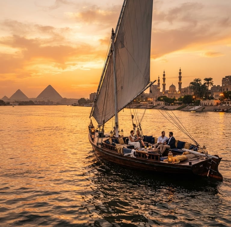 Cinematic wide-angle shot of a luxury private felucca sailing on the Nile in Cairo during golden hour sunset, warm light reflecting on the water, pyramids faintly visible in the far background, premium atmosphere