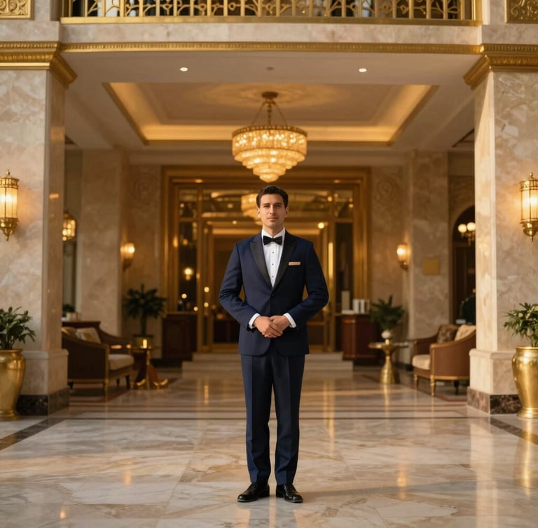 Elegant concierge host in a luxury hotel lobby in Cairo, warm lighting, gold details