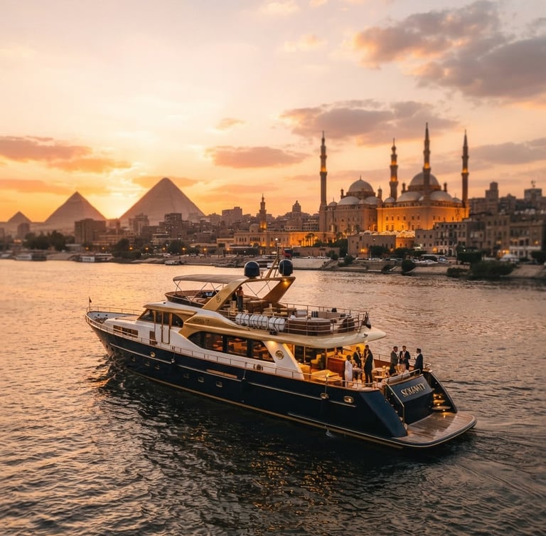 Cinematic wide-angle shot of a luxury private yacht on the Nile in Cairo during golden hour sunset, warm ambient light, soft depth of field, high-end editorial feel.