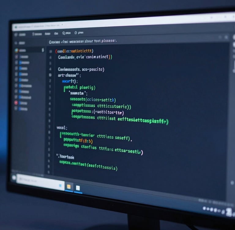 Close-up of a developer monitor displaying clean code and green automated test suite passes, cool crisp studio lighting, 35mm lens