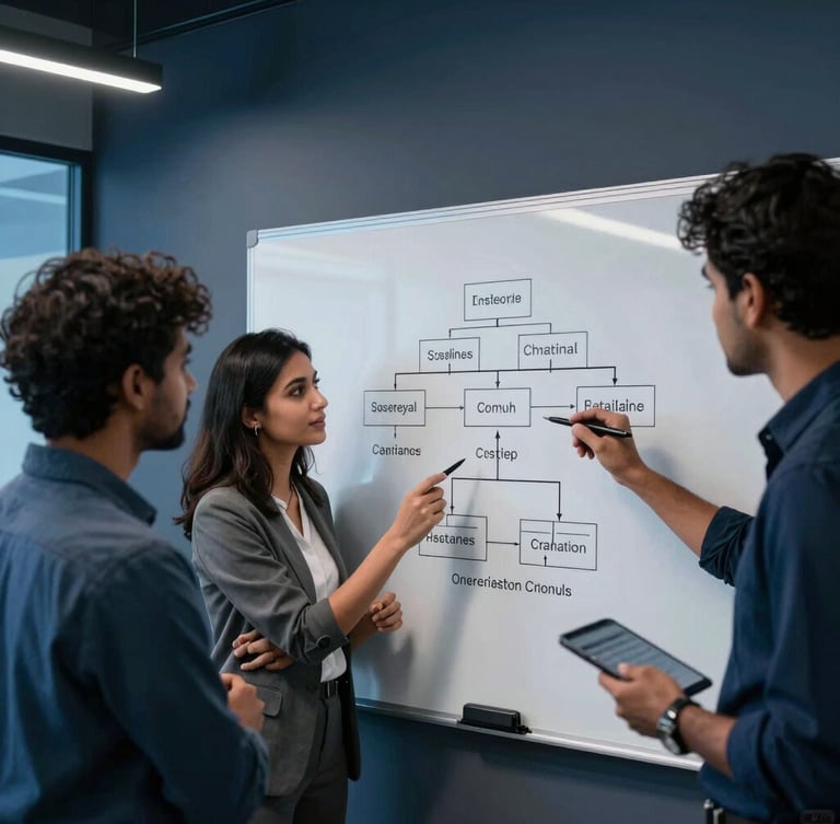 Candid medium shot of software engineers discussing a system architecture diagram on a white board in a cool-lit, modern Chennai office