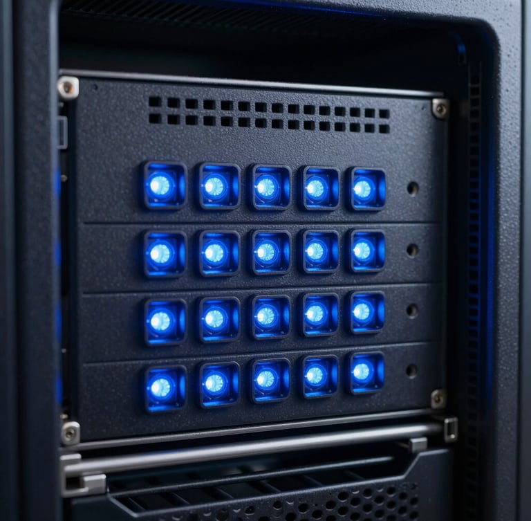 Macro shot of high-end server rack with cool blue diagnostic lights, sharp focus, technical depth of field