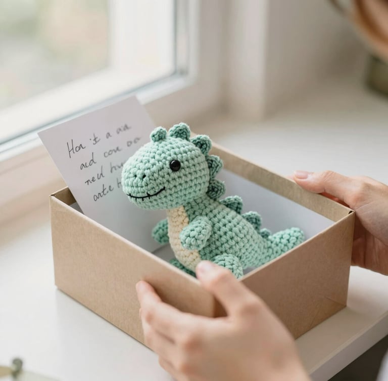 Hands gently opening a beautifully wrapped gift box, revealing a soft mint-green crochet dinosaur inside, handwritten note, warm editorial photography, shallow depth of field
