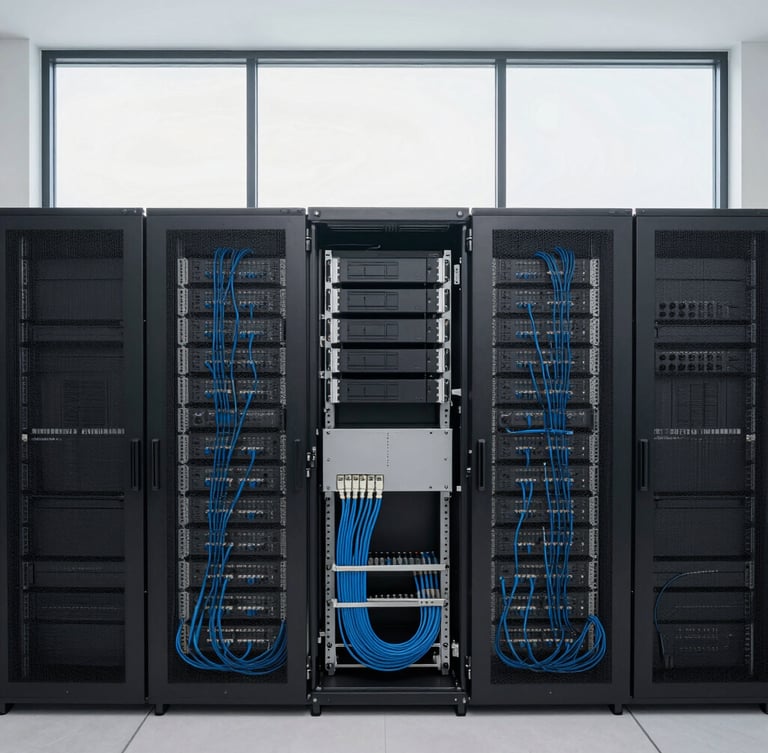 A wide-angle minimalist shot of an exceptionally clean server rack with perfectly organized blue and slate cabling, soft overcast daylight filtering in from a high window