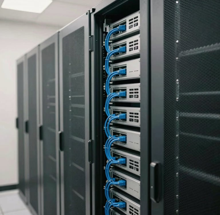Close-up of clean server racks with neat blue cabling in a quiet, organized Utah data center, soft overcast daylight, 35mm lens