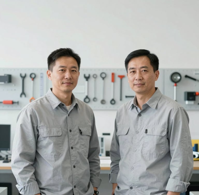 Portrait of professional systems engineers in clean slate-gray work shirts, standing in a brightly lit, minimalist technical workshop with tools neatly arranged in the background, soft natural lighting