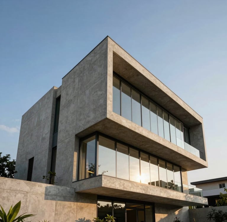 Low-angle architectural photograph of a modern concrete villa in Bangalore with expansive glass facades, crisp late-afternoon golden hour light reflecting off the panels, ultra-premium editorial style.