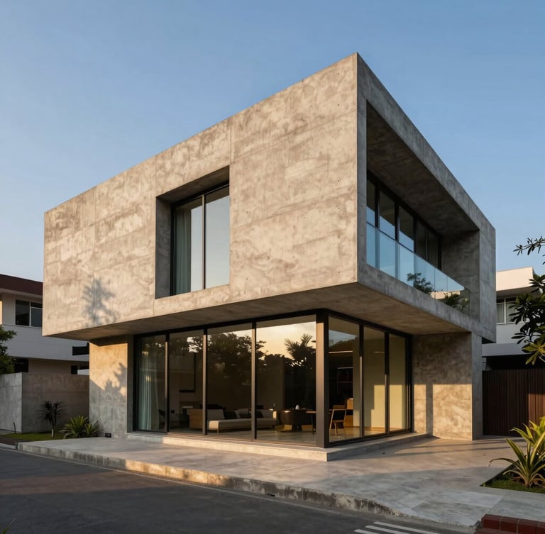 Premium architectural photography of a brutalist concrete villa in Bangalore during late-afternoon golden hour, featuring massive sliding glass doors and uninterrupted sightlines, high-end editorial style.