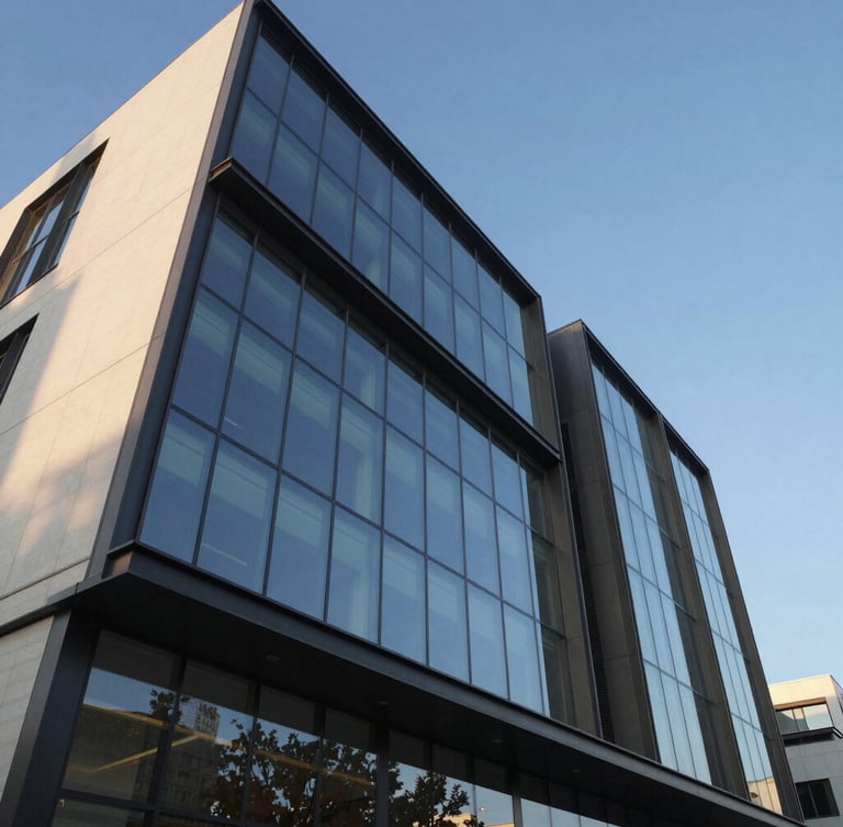 Low-angle architectural photography of a modern commercial facade, geometric glass panels reflecting a crisp blue sky, sharp clean lines of dark aluminium profiles, premium architectural editorial style.
