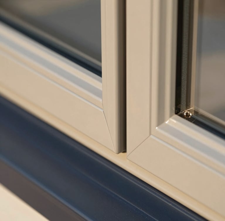 Macro close-up of a sleek champagne-gold anodized aluminium window corner joint, crisp structural lines, sharp focus, technical editorial lighting.
