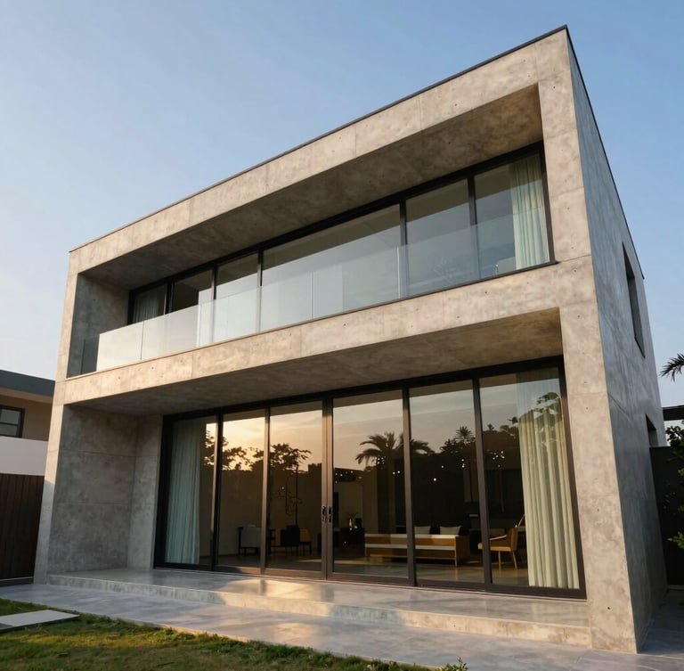 Low-angle architectural photograph of a modern concrete villa in Bengaluru, showcasing massive sliding glass doors reflecting late afternoon golden hour light.