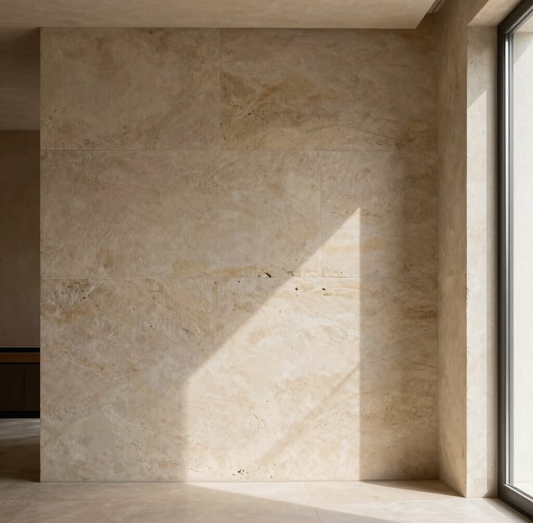 Detail of luxury minimalist interior with raw stone wall, soft shadows cast by a window frame, serene warm earth tones, editorial architectural photography