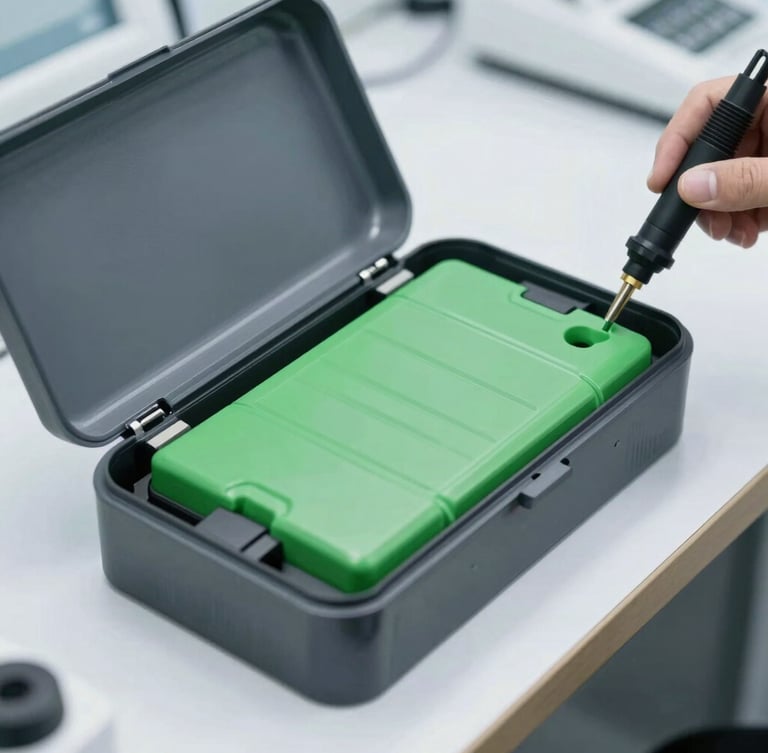 Close-up of a high-end e-bike battery casing opened in a clean diagnostic lab, cool metallic surfaces, technical testing probes attached, soft overcast light