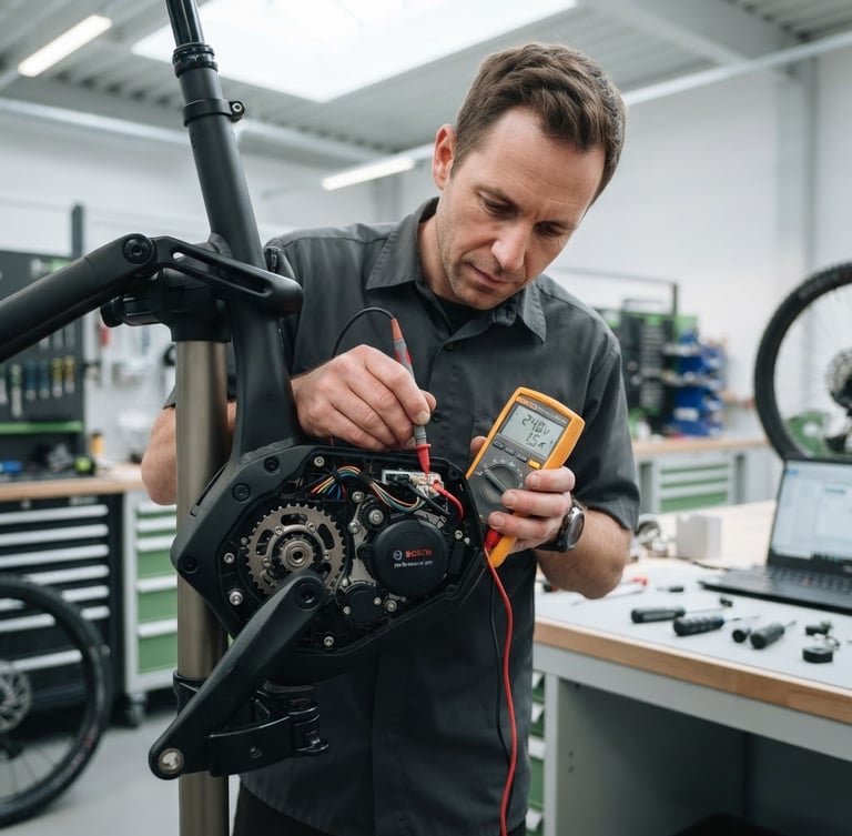 Close-up of a certified mechanic performing precision diagnostics on a premium e-bike motor inside a clean, well-lit modern workshop, soft overhead daylight