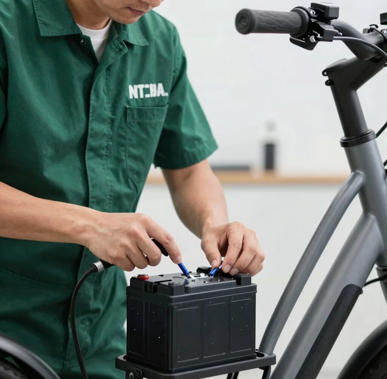 Close-up of a professional mechanic in a clean workshop measuring battery health on a modern e-bike, soft green and cool gray tones, sharp focus