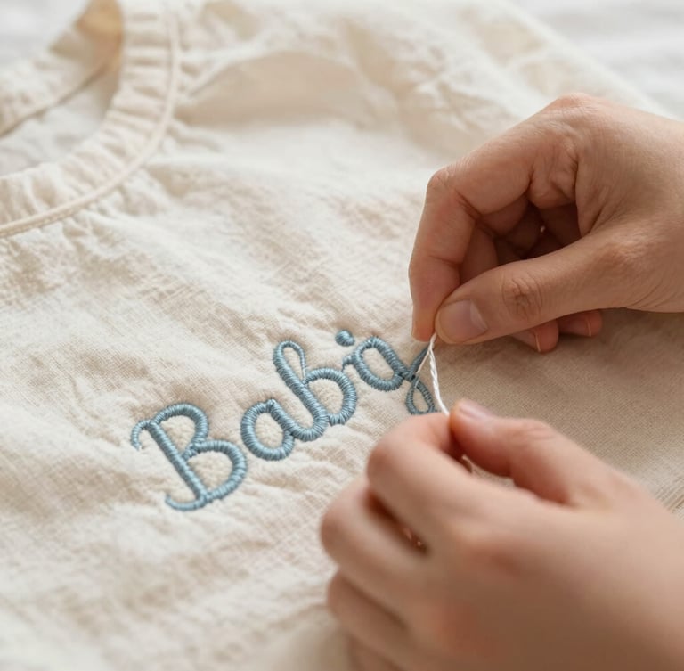 Soft natural daylight illuminating hands carefully embroidering a baby's name on a soft linen blanket, warm cream background, close-up shot focusing on the precise thread work.