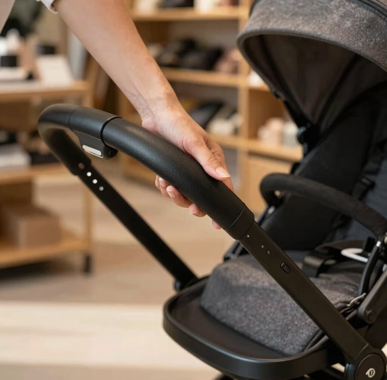 Close-up of hands gently folding a modern matte-black stroller chassis in a warm sunlit boutique, tactile focus on the leather handle