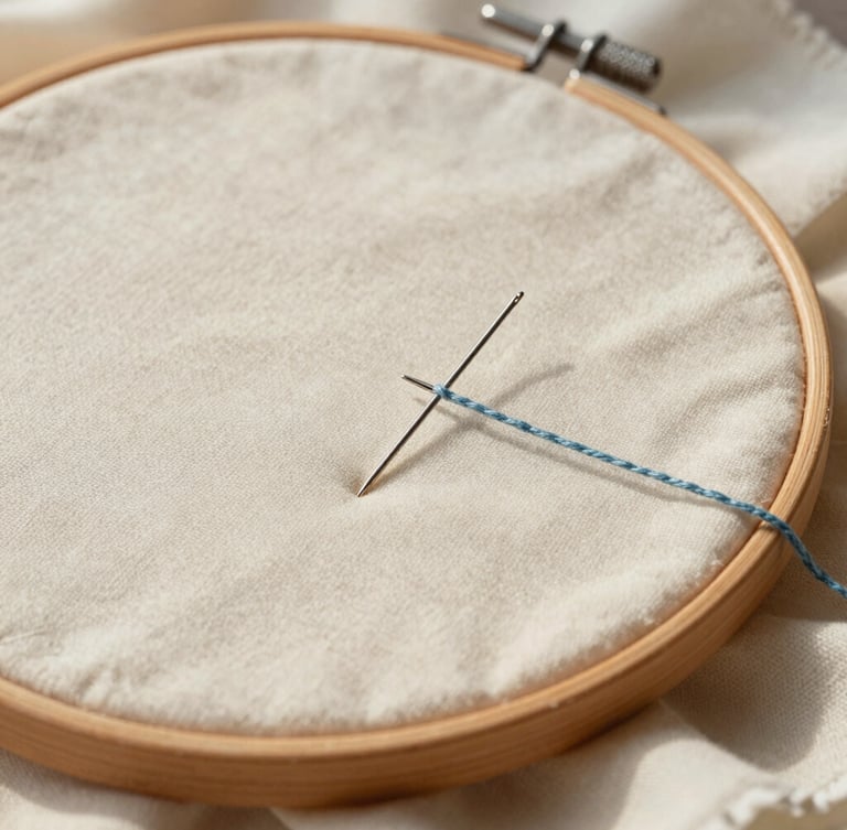 Close up of a wooden embroidery hoop holding soft organic cream cotton fabric, a needle with soft slate-blue thread mid-stitch, warm natural morning light, editorial style