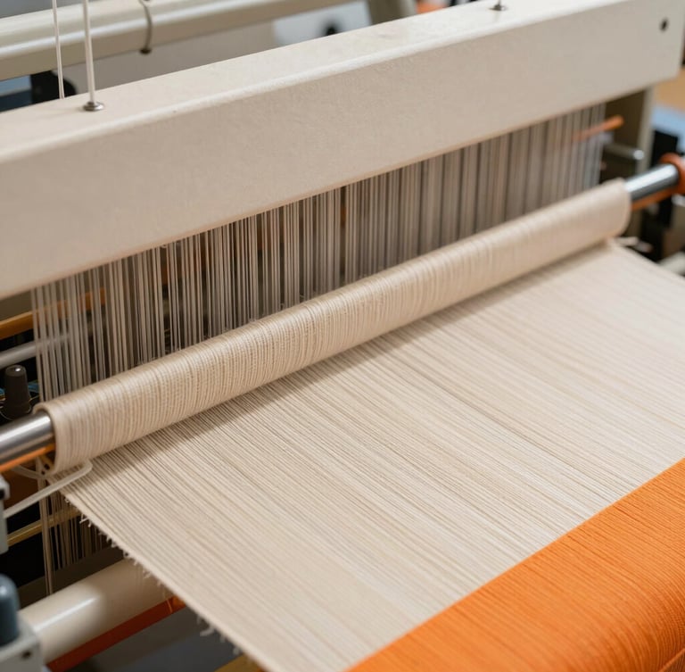 Macro close-up of high-density woven textiles on an industrial loom, bright natural daylight, warm cream tones with sharp orange accents, clean architectural framing, 35mm