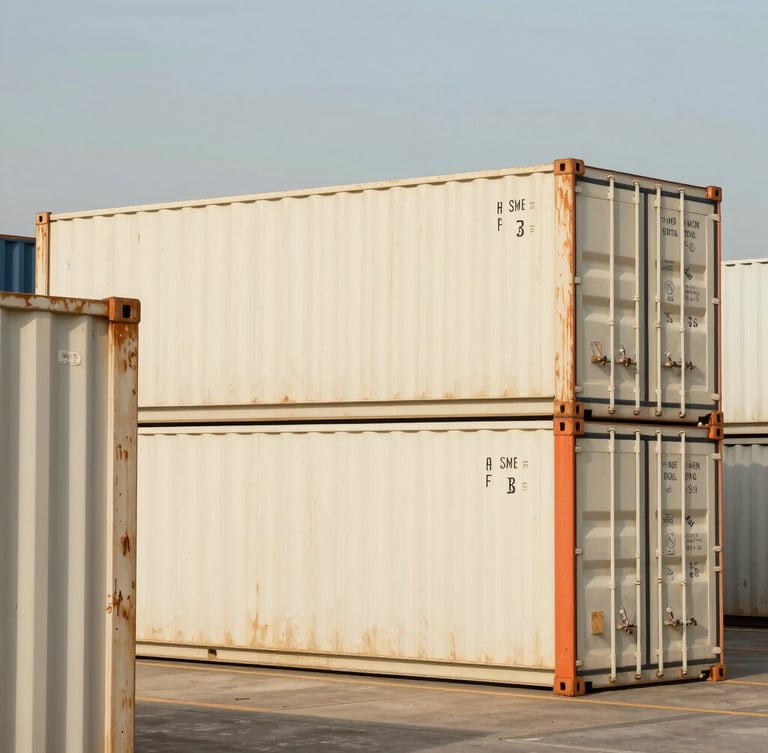 Industrial editorial photography, bright natural daylight, structured cargo containers at a modern Indian port terminal, warm cream tones, 35mm