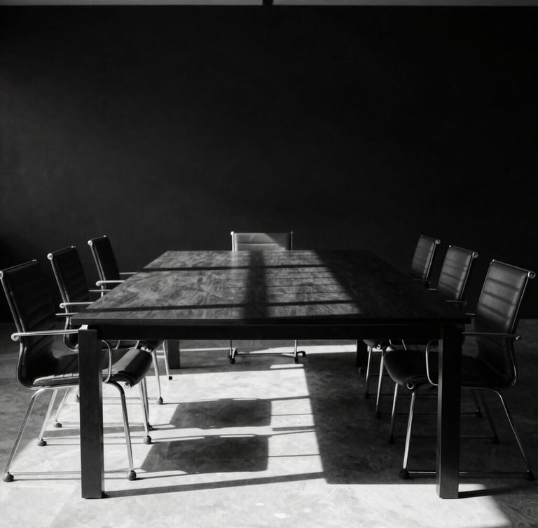 An empty executive boardroom in Milan, hard directional light casting dramatic linear shadows across a minimalist black table, high-contrast black and white photography.