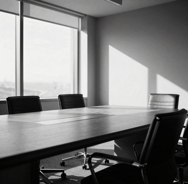 High-contrast black and white photograph of an empty, minimalist executive boardroom, sharp directional light pouring through large windows, dramatic shadows, 35mm lens.