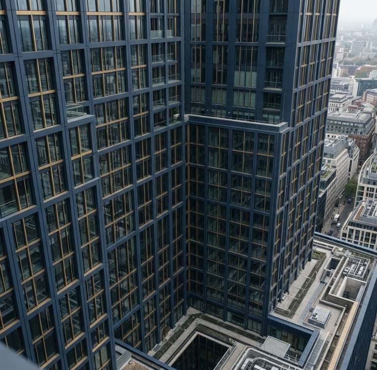 High-angle architectural perspective of a modern financial district building facade, clean geometric lines, soft overcast daylight, desaturated navy tones.