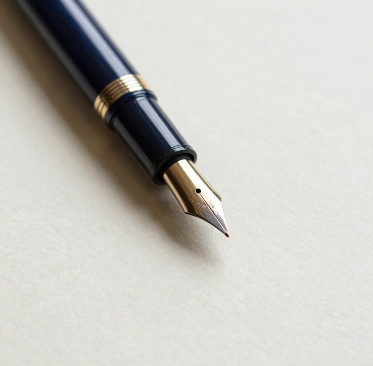 Close-up macro shot of a classic fountain pen resting on heavy textured cream paper, soft diffused side light, shallow depth of field.