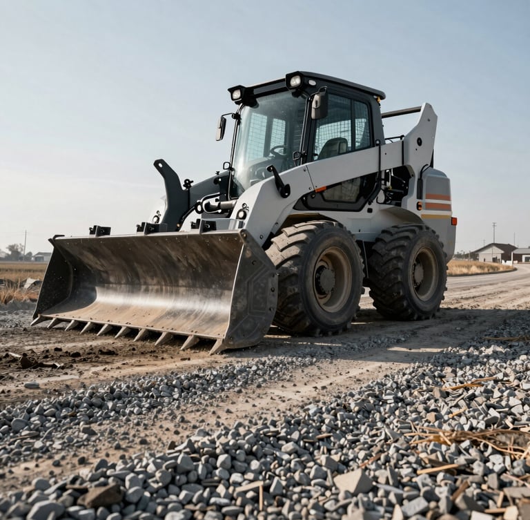Low-angle action shot of a modern skid steer loader with a grading attachment leveling a gravel driveway, sharp morning sunlight casting deep shadows on the textured gravel, 35mm.