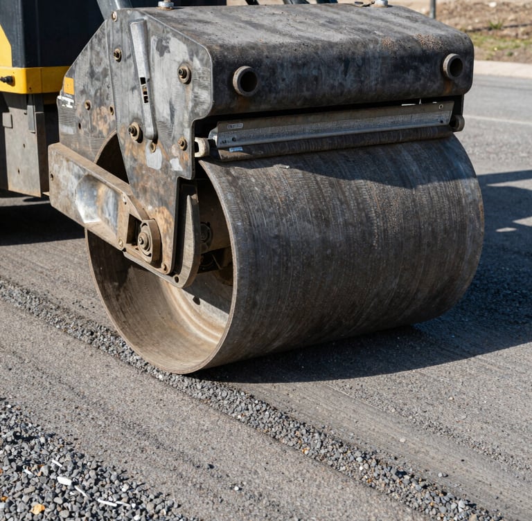 Close-up of a heavy steel roller attachment compacting crushed gravel on a driveway, sharp morning shadows casting deep textures, rugged industrial photography
