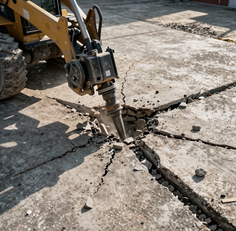 Low-angle action shot of a skid steer hydraulic breaker fracturing a thick concrete patio, sharp morning sunlight casting deep shadows on cracked debris, rugged industrial photography, 35mm