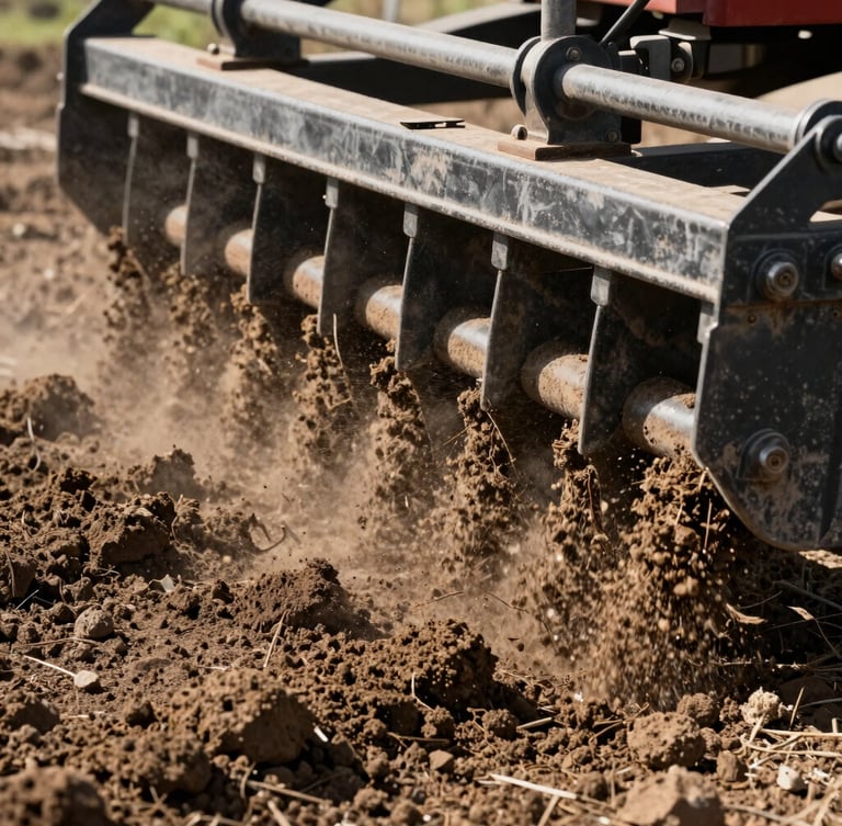 Close-up of a soil conditioner attachment pulverizing dry clay soil into fine loam, sharp morning sunlight, dust particles caught in light, rugged industrial photography, 35mm