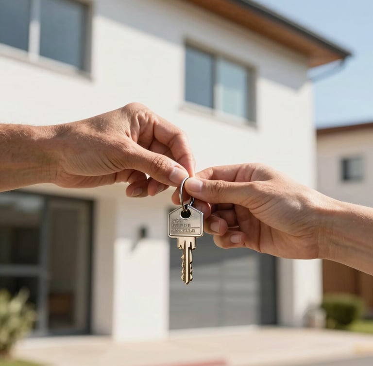Close-up of hands exchanging house keys in front of a bright, modern residential exterior in Paraná, natural sunlight